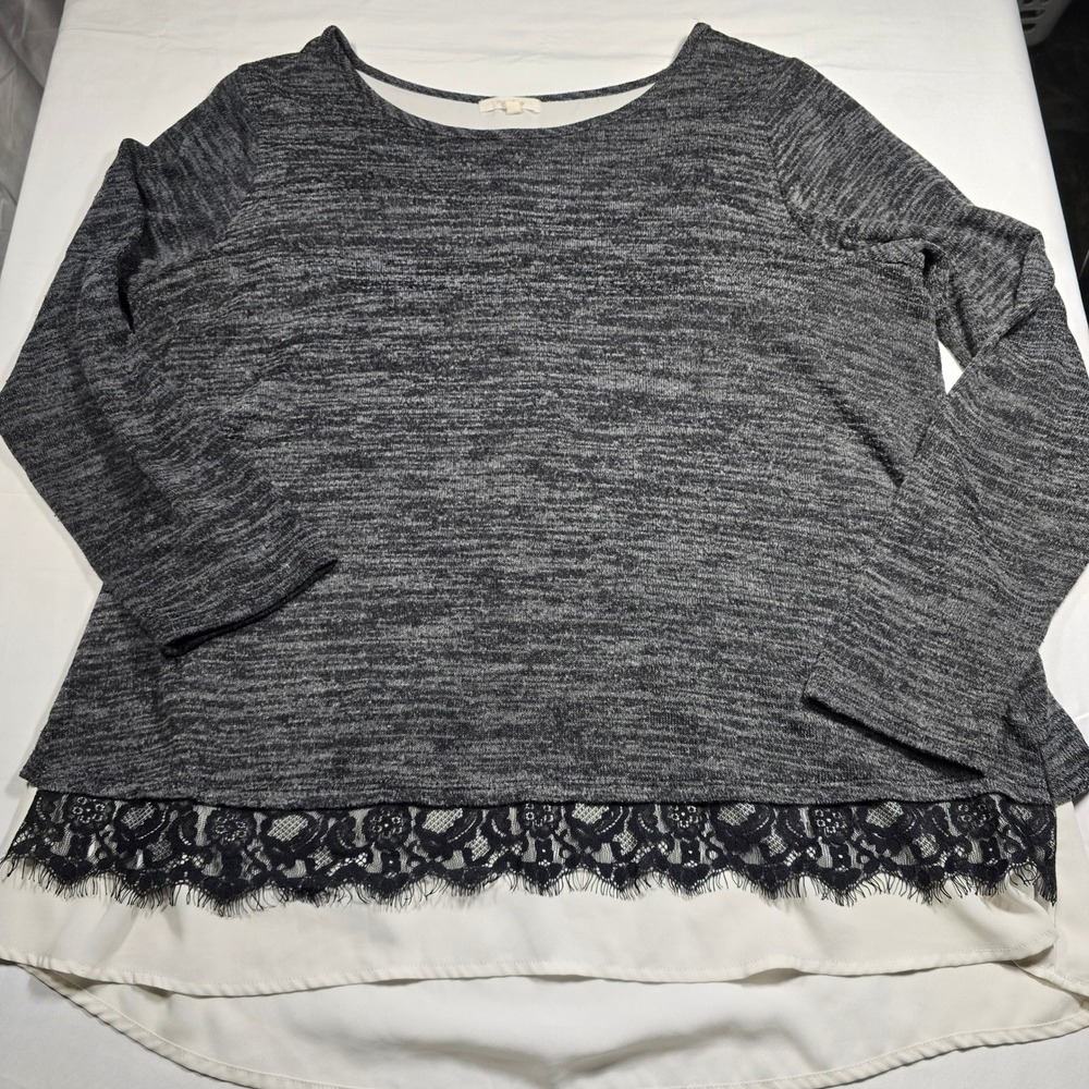Maurices Womens Large Grey Marled Knit Layered Lace Trim Chiffon Hem Top